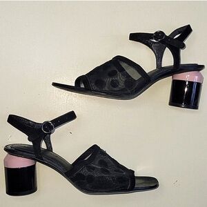 ZARA Mesh Polka Dot Cylinder Block Heels Pink/black Patent Size 39 Euro